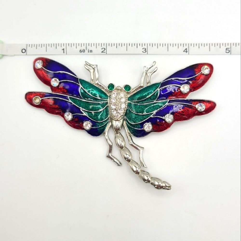 Enamel and Rhinestone Dragonfly Brooch Pin, large - Picture 6 of 7